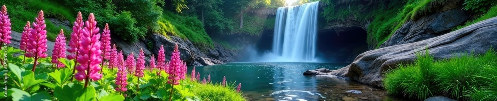 Lupine flowers in a secluded area beneath a cascading waterfall, lupine flowers, waterfall, greenery Lupine flowers in a secluded area beneath a cascading waterfall, lupine flowers, waterfall, greenery