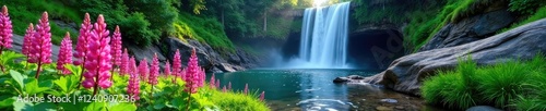 Lupine flowers in a secluded area beneath a cascading waterfall, lupine flowers, waterfall, greenery