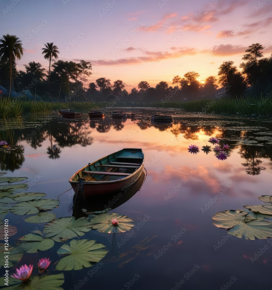 Obraz premium Water lily pond at dusk with a few boats in the distance, water lily pond, calm water, aquatic plants