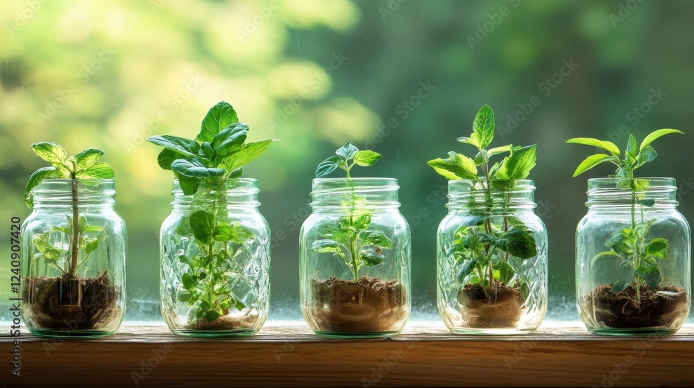 Plants growing in jars on a windowsill with a soft, natural background. Plants growing in jars on a windowsill with a soft, natural background.