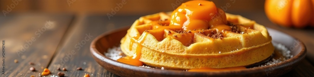 Pale orange pumpkin puree drizzled over paleo pumpkin waffles on a rustic wooden plate, drizzle, breakfast, waffles Pale orange pumpkin puree drizzled over paleo pumpkin waffles on a rustic wooden plate, drizzle, breakfast, waffles
