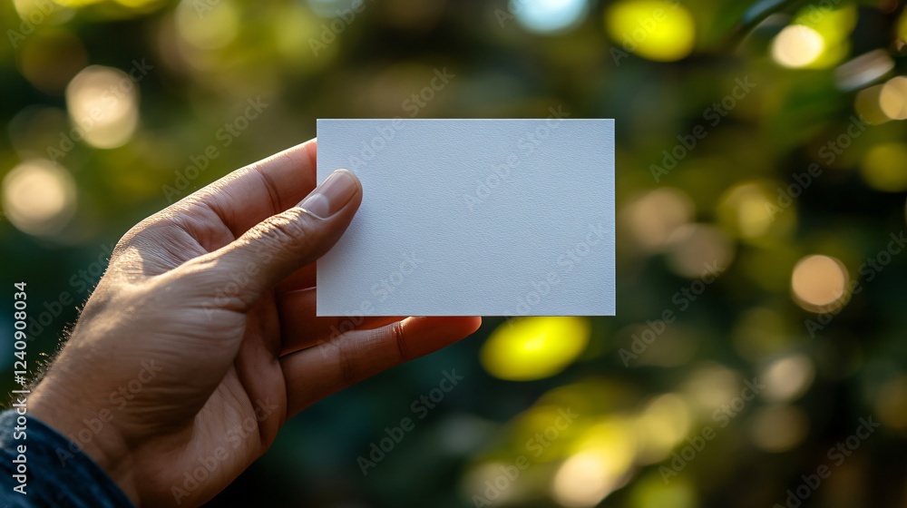 Hand holding a blank white card in an outdoor setting for branding, business, and promotional concepts.
Hand holding a blank white card in an outdoor setting for branding, business, and promotional concepts.