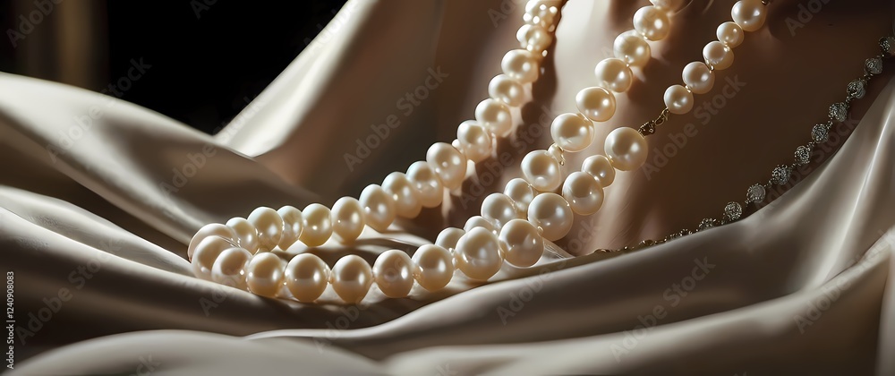 Fototapeta premium Elegant closeup of a pearl necklace laid gracefully over soft fabric embodying sophistication and timeless beauty