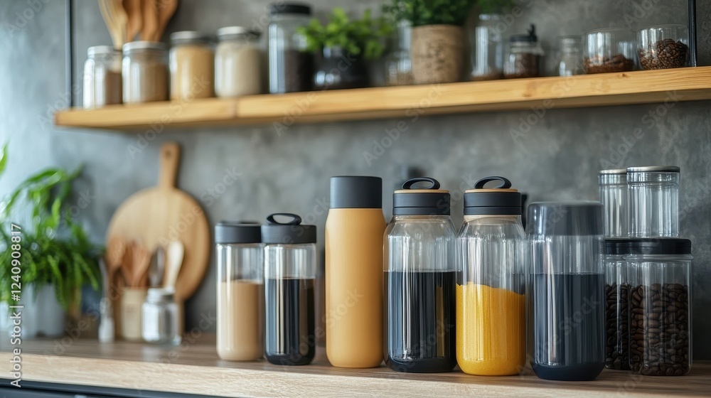 Kitchen shelf with various jars and bottles filled with different liquids. Kitchen shelf with various jars and bottles filled with different liquids.