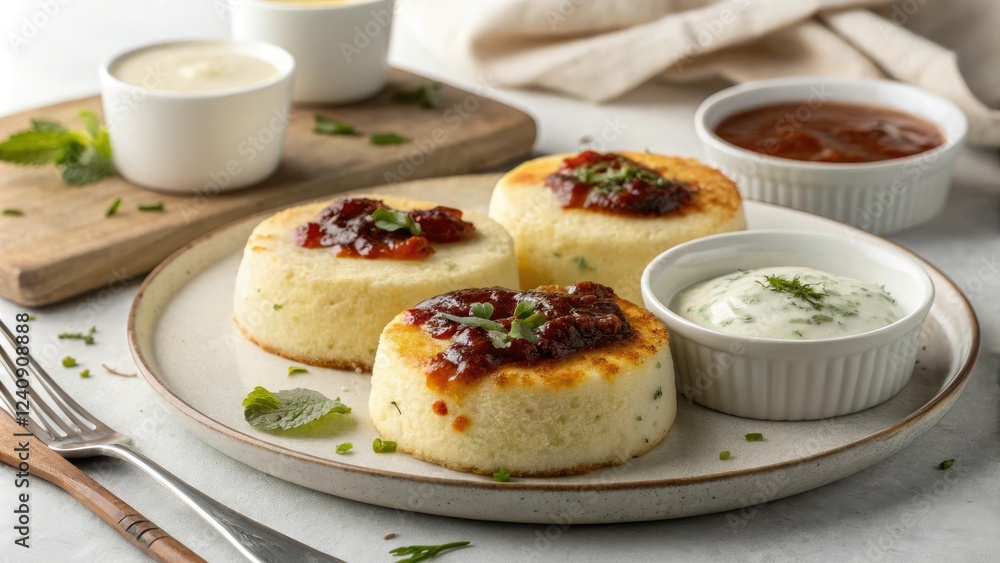 Steamed Cheese Cakes with Chutney and Raita, Indian street food, coriander Steamed Cheese Cakes with Chutney and Raita, Indian street food, coriander