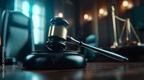 Judge's Gavel on Dark Wooden Surface in Courtroom Setting photo