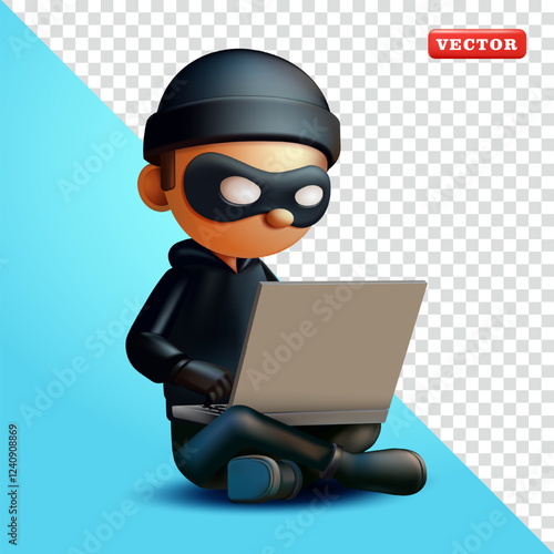 Thief using laptop, 3d vector. Suitable for security