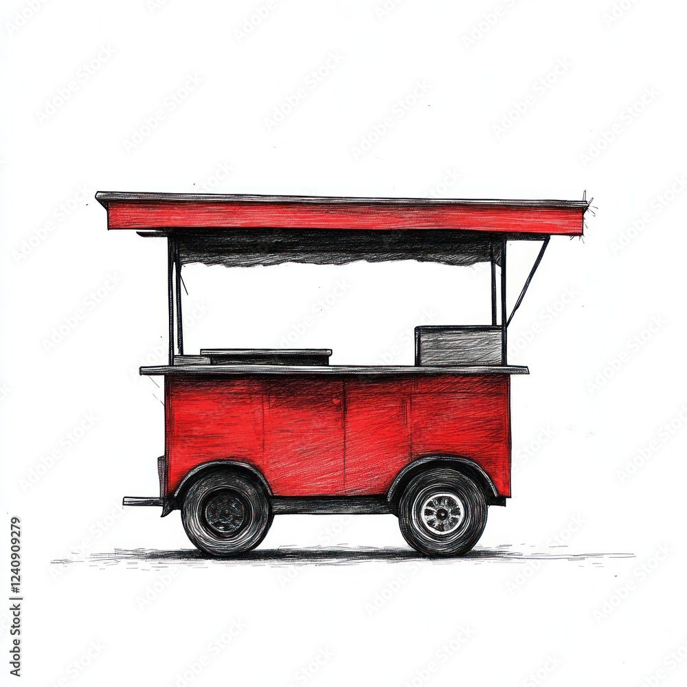 Obraz premium Red food cart, street vendor, urban setting, selling food