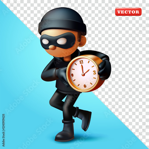 Thief carrying time clock, 3d vector. Suitable for security and business