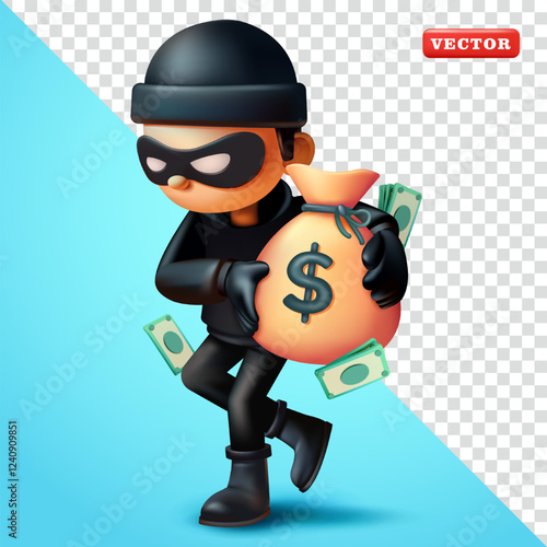 Thief carrying a bag of money, 3d vector. Suitable for security and business