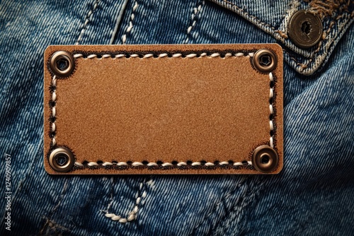 A blank, brown rectangular tag label with stitching on the edge, attached to a light blue denim jeans background, close-up shot.