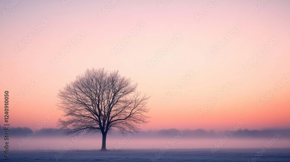Fototapeta premium Tranquil winter tree at dawn in misty landscape with pastel sky