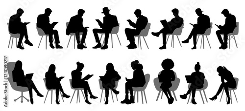A collection of black silhouette illustrations depicting people sitting on chairs while reading or using devices.