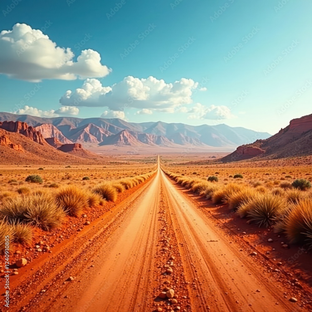 Naklejka premium Dusty, ochre road disappearing into distant hills , pathway, travel, adventure