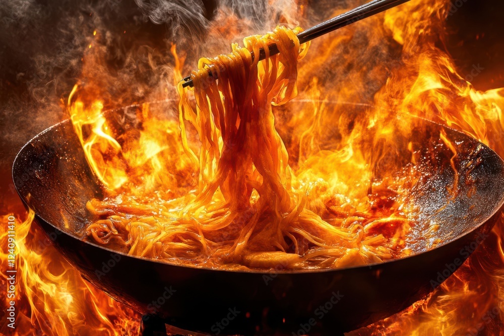 Fiery stir-frying of noodles in a wok, showcasing intense flames and vibrant colors in the kitchen Fiery stir-frying of noodles in a wok, showcasing intense flames and vibrant colors in the kitchen