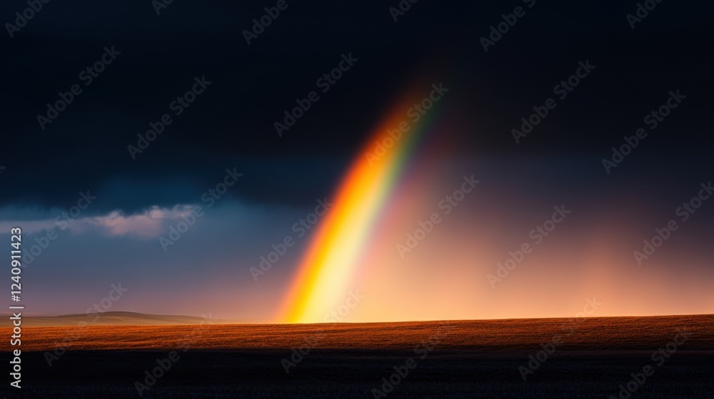 Bright rainbow emerging from dark storm clouds over a serene landscape during late afternoon light Bright rainbow emerging from dark storm clouds over a serene landscape during late afternoon light