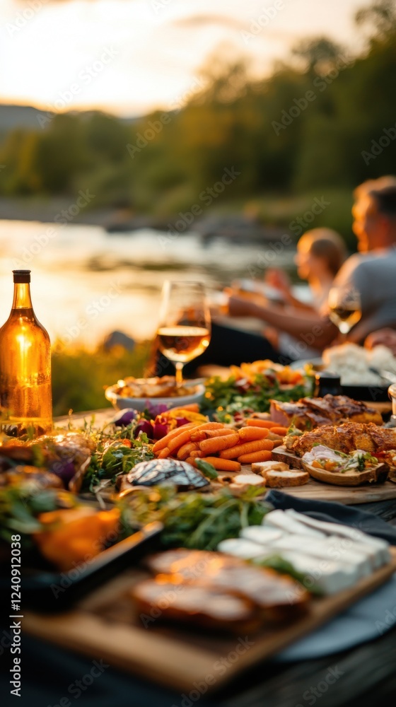 Outdoor dining experience by the river at sunset with diverse dishes and guests enjoying a relaxing meal Outdoor dining experience by the river at sunset with diverse dishes and guests enjoying a relaxing meal