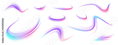 Acceleration speed motion on night road. Magic moving fast speed lines. Blurred car light motion effect, city road background with long exposure night lights. Png,  ray, abstract, energy, pack, effect