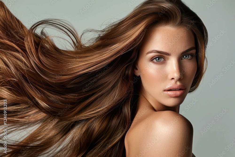 Obraz premium Studio portrait of a beautiful young woman with long, flowing, healthy brown hair