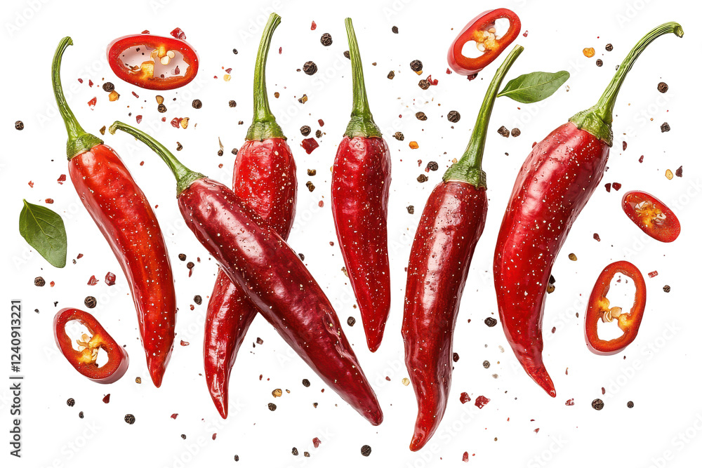 Fresh red chili peppers with crushed spices and green leaves on png background Fresh red chili peppers with crushed spices and green leaves on png background