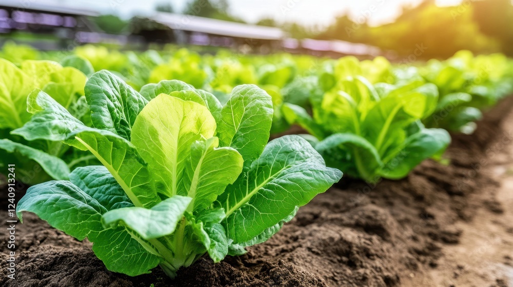 Fresh Green Lettuce Growing in Organic Vegetable Garden Landscape
