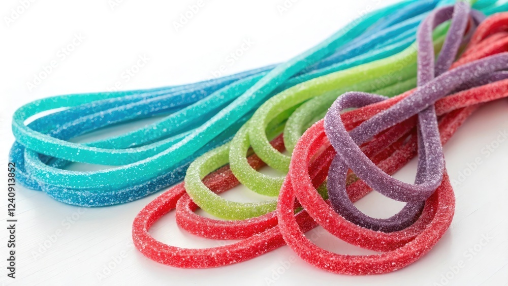 Colorful Glittery Sour Gummy Candy Strips Arranged in Beautiful Patterns on a Bright Surface Colorful Glittery Sour Gummy Candy Strips Arranged in Beautiful Patterns on a Bright Surface