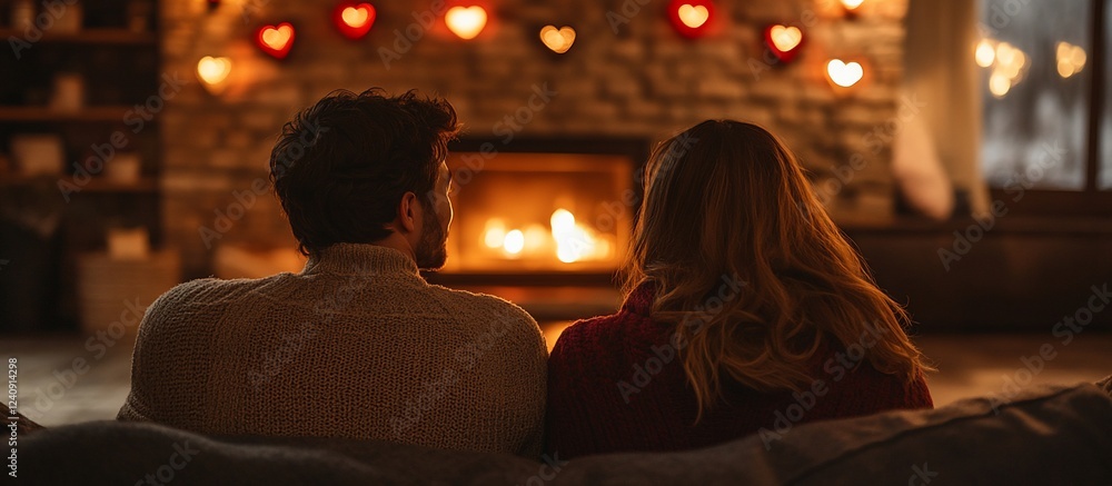 Cozy couple enjoying a romantic evening by the fireplace, surrounded by warm heart lights Cozy couple enjoying a romantic evening by the fireplace, surrounded by warm heart lights