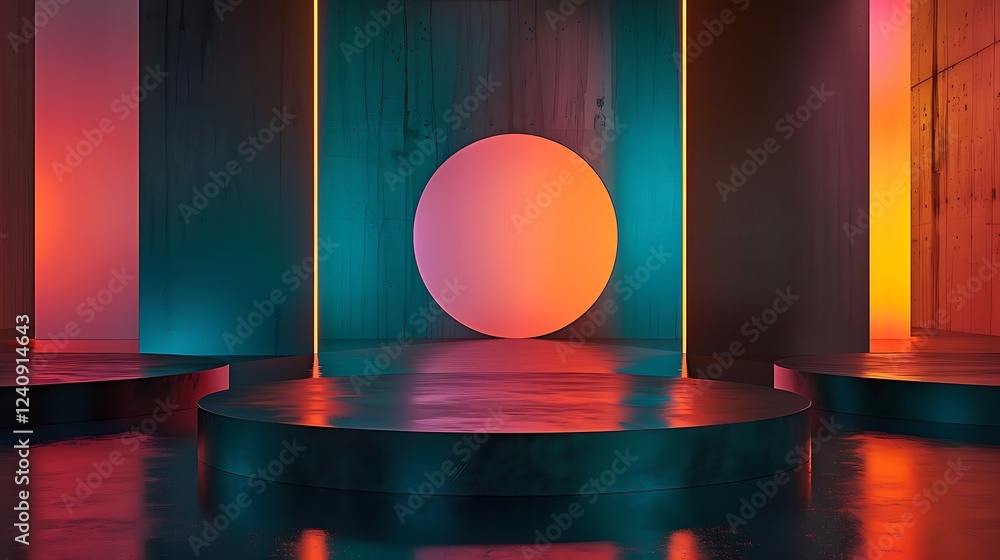 Three sleek, round podiums glowing with dynamic hues of orange, teal, and pink, set in a contemporary space with reflective surfaces.