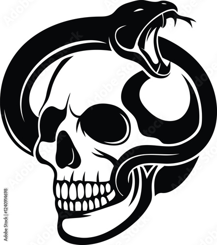 Skull with a snake premium silhouette vector art, skull with a snake line art vector illustration, skull with a snake vector design