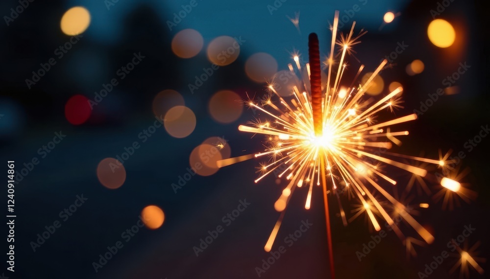Obraz premium Sparkler's fiery trail against blurred festive lights , event, celebration