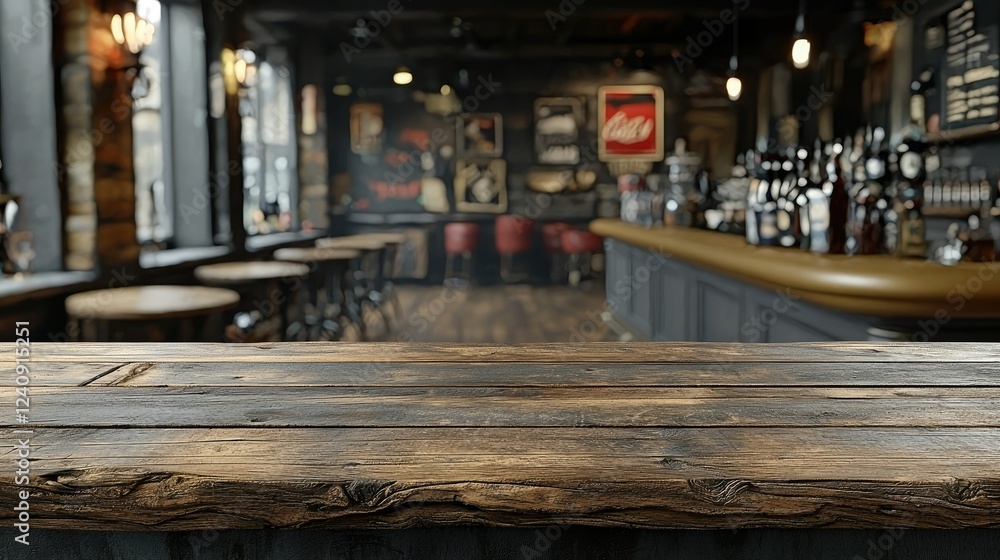 Rustic Wooden Tabletop in a Blurred Bar Setting Rustic Wooden Tabletop in a Blurred Bar Setting