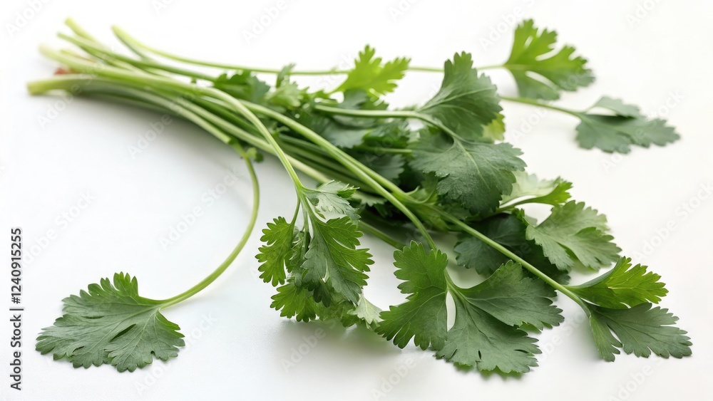 Fototapeta premium Fresh Bunch of Green Cilantro Herb Leaves on a White Surface Ready for Culinary Uses