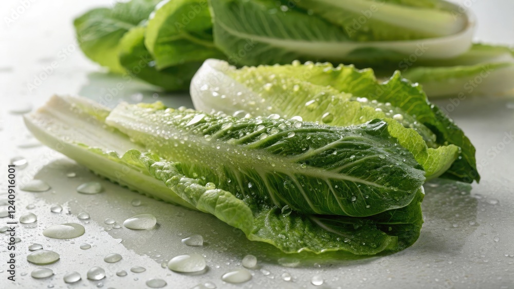 Obraz premium Freshly Sliced Romaine Lettuce With Water Droplets Resting on White Surface