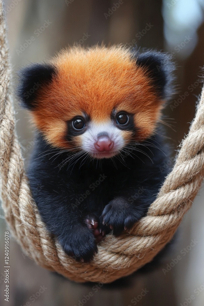 Obraz premium Adorable Red Panda Cub on Rope Generated AI