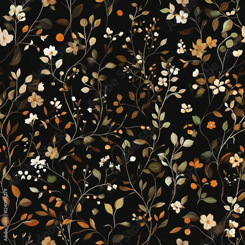 Seamless dark floral vine pattern with autumn color palette on a black background