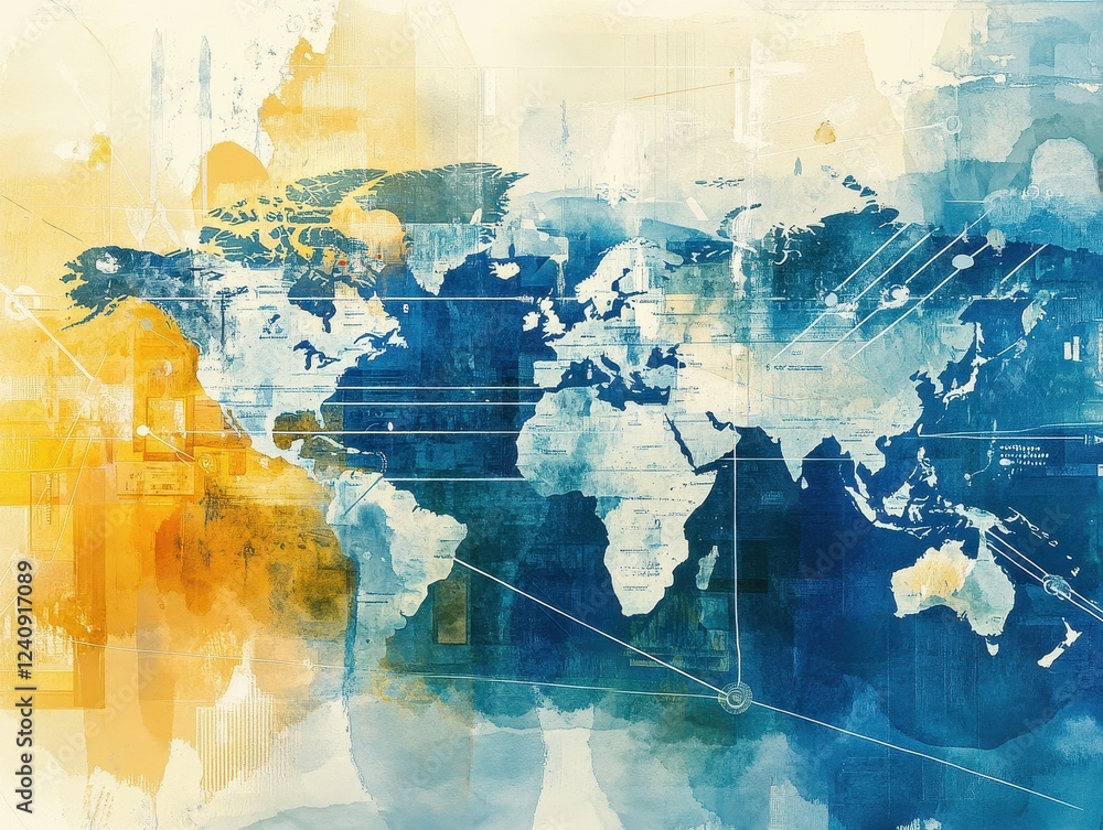 Obraz premium Abstract watercolor of interconnected global economy, trade routes merging into financial hubs, world map with money flow, futuristic financial web. 