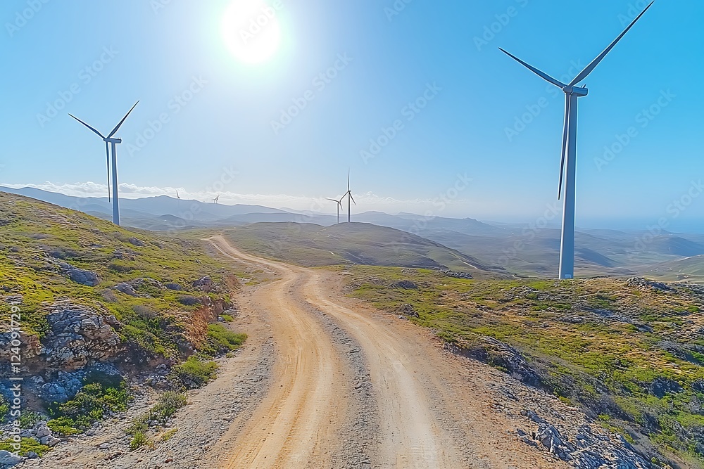 Wind turbines stand tall above a scenic mountain path. Wind turbines stand tall above a scenic mountain path.