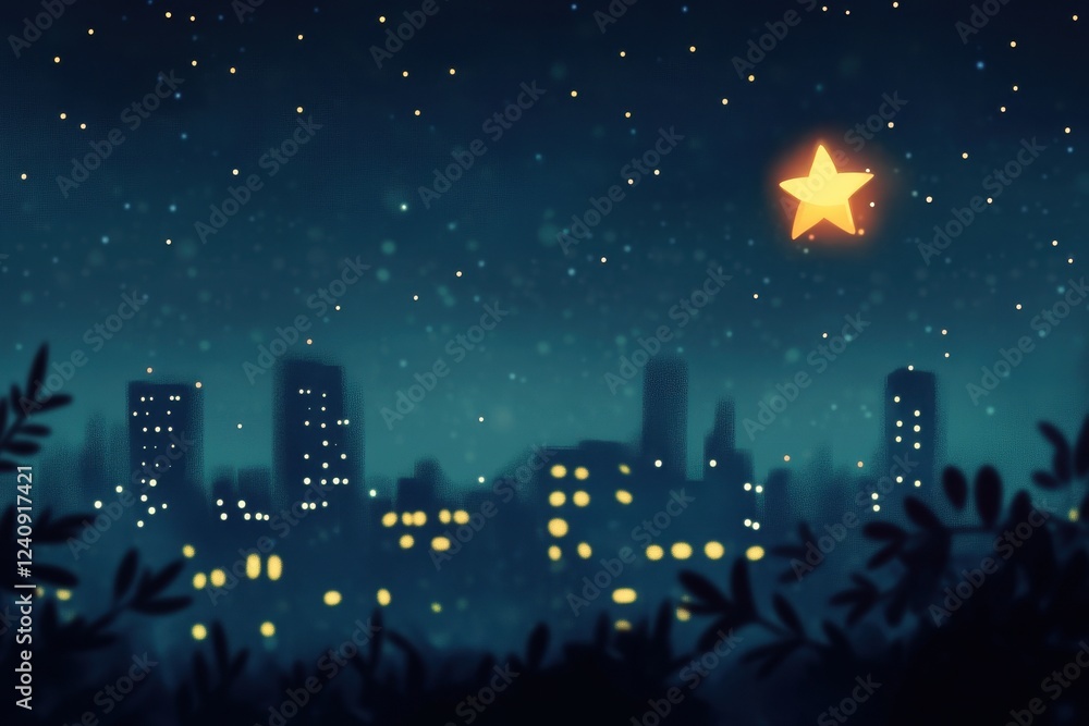 Naklejka premium Night Cityscape Viewed Through Foliage With A Shining Star