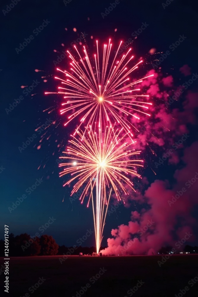 Vibrant fireworks explode against a dark night sky , night, firework show Vibrant fireworks explode against a dark night sky , night, firework show