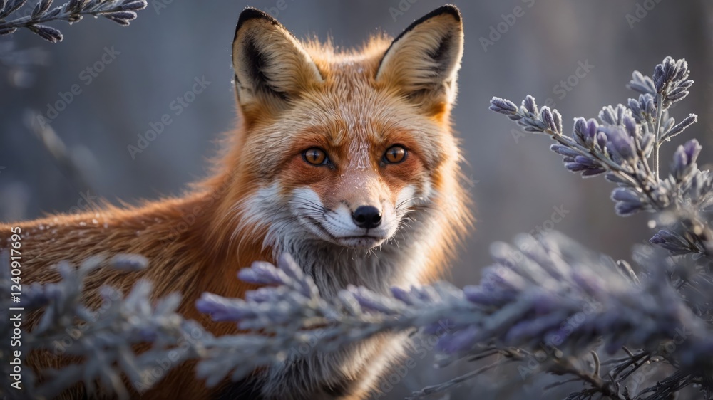 Majestic red fox gazing through frosty foliage in a serene winter landscape at dawn Majestic red fox gazing through frosty foliage in a serene winter landscape at dawn