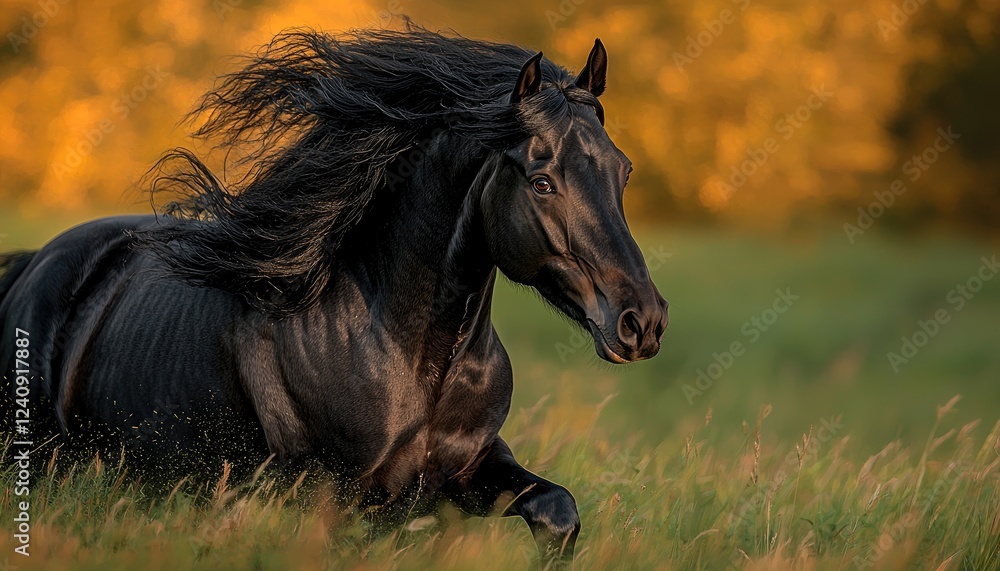 Black Stallion Running Through Golden Grassland Black Stallion Running Through Golden Grassland