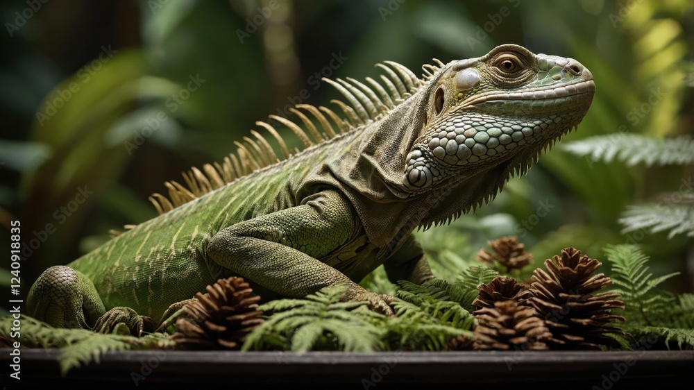 Naklejka premium A green iguana resting among ferns and pine cones in a lush tropical environment