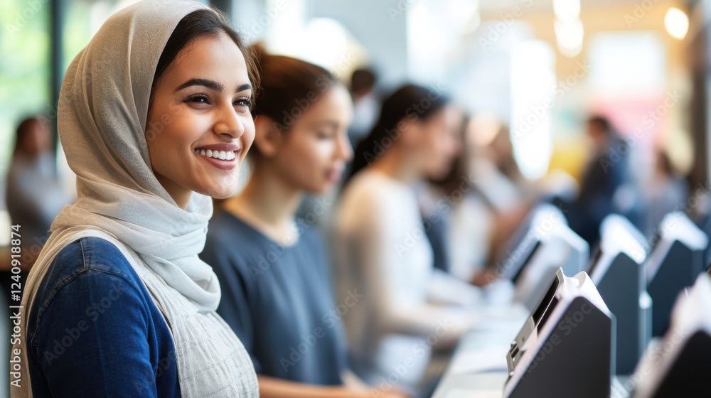 Smiling Woman in Modern Office Setting with Natural Lighting Smiling Woman in Modern Office Setting with Natural Lighting