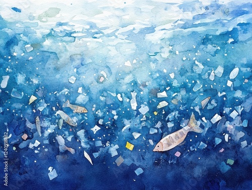 Abstract watercolor of tiny plastic fragments floating in a deep blue sea, fish unknowingly swimming through, environmental concern, soft hues photo