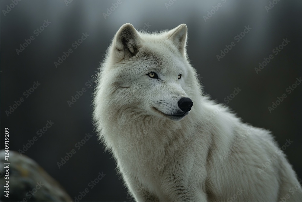 Arctic Wolf Staring Ahead With Intense Gaze On Dim Background A Beautiful Mammal In Nature Arctic Wolf Staring Ahead With Intense Gaze On Dim Background A Beautiful Mammal In Nature