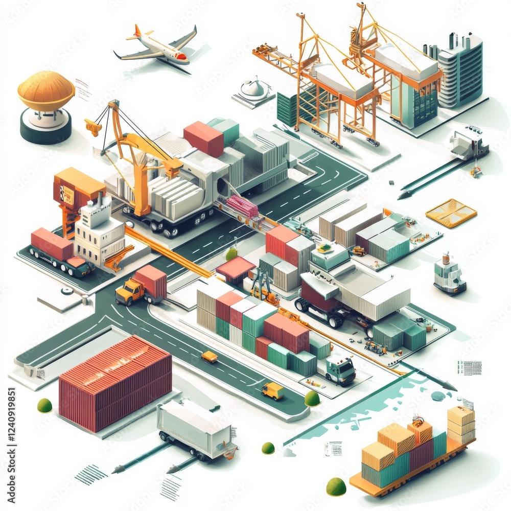 Detailed Aerial View of a Busy Industrial Cargo Port with Cranes, Trucks, and Shipping Containers Detailed Aerial View of a Busy Industrial Cargo Port with Cranes, Trucks, and Shipping Containers