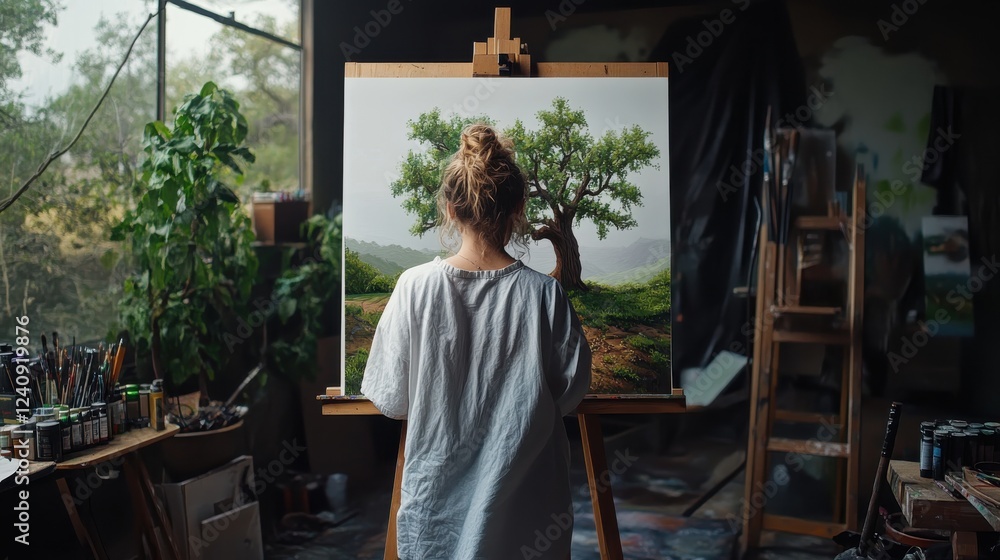 Fototapeta premium A young artist sketching a landscape featuring an oak treephotorealistic portrait,