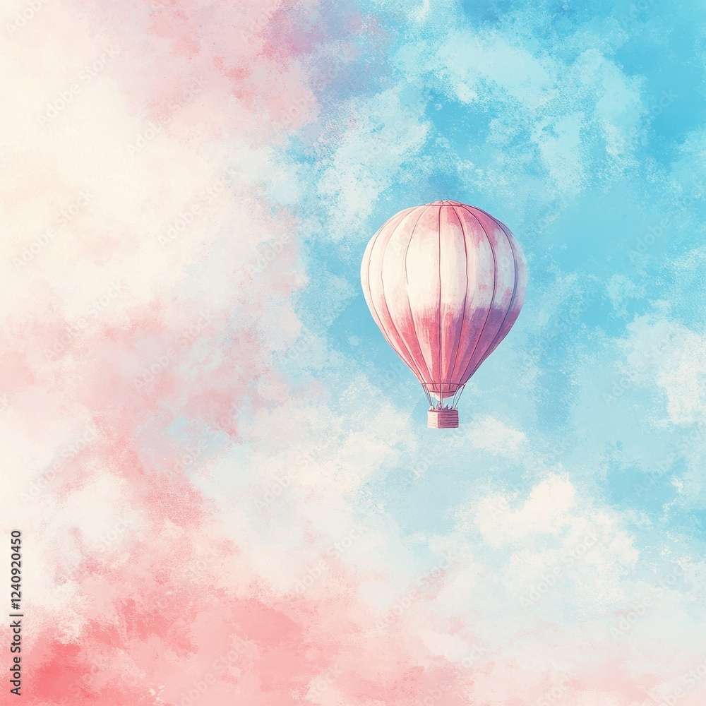 Obraz premium Pink Hot Air Balloon Soaring Through Pastel Cloudscape