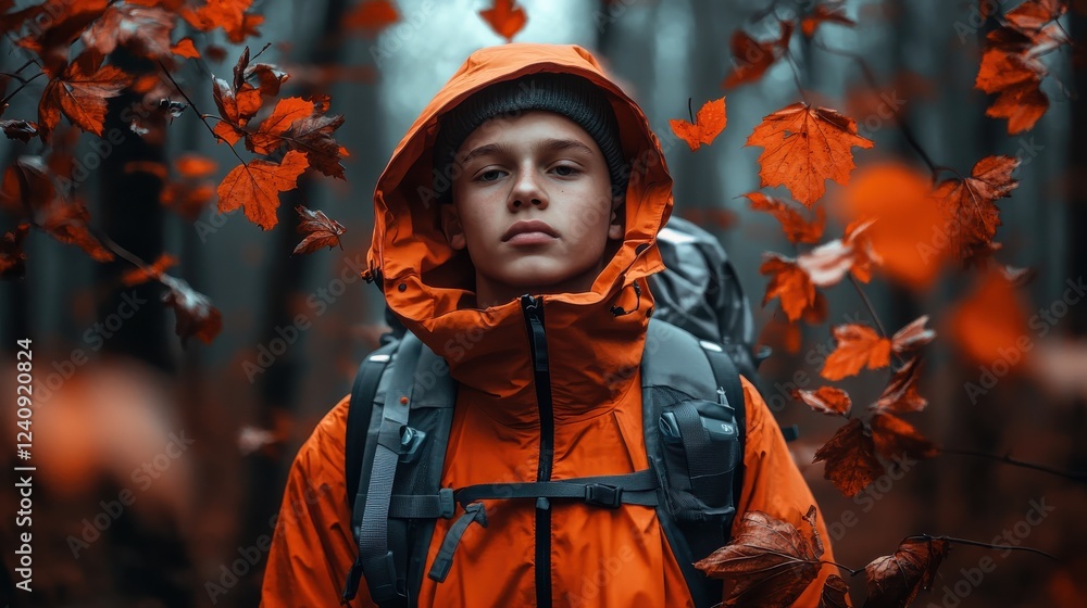 A teenage boy exploring a maple forest during fallphotorealistic portrait A teenage boy exploring a maple forest during fallphotorealistic portrait