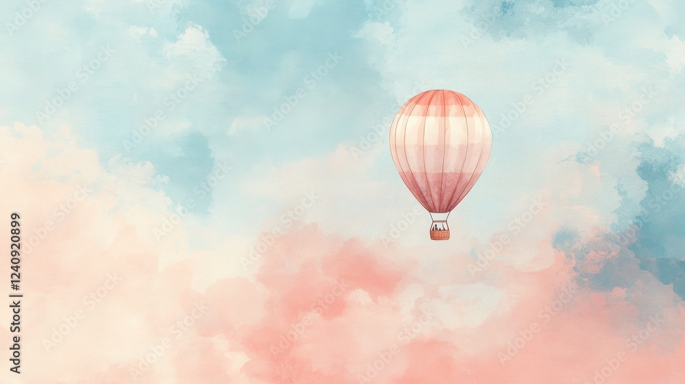 Fototapeta premium A Pink Hot Air Balloon Soaring Through Pastel Clouds